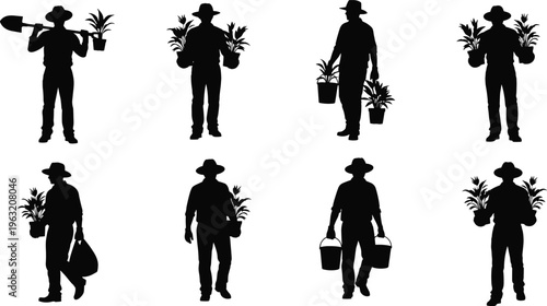 Black and white silhouette icon collection of male gardeners and farmers carrying potted plants, buckets, and shovels, representing horticulture, landscaping, and organic farming.