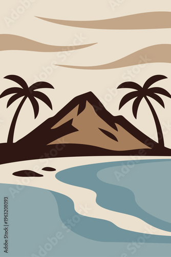 Logo agencia de viajes. Vacaciones de verano. Dibujo sencillo con un paisaje con la palma, una isla con montaña y la playa con el mar 