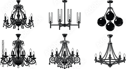 Black and white silhouette icon collection of luxury chandeliers and hanging ceiling lamps, featuring classic crystal designs, modern globes, and ornate vintage lighting fixtures.