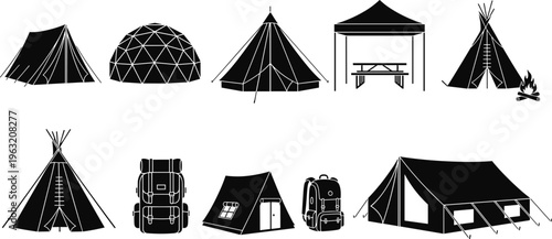 Black and white silhouette icon set of various camping tents, geodesic domes, teepees, backpacks, and picnic shelters, representing outdoor adventure, hiking, and glamping lifestyle.