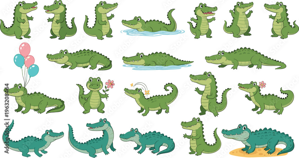 Fototapeta premium Cute Crocodile Cartoon Collection Vector Set Featuring Funny Alligator Characters in Different Poses for Kids, Nursery, Wildlife, and Animal Design Projects