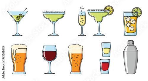 Collection of various alcoholic beverages and drinkware