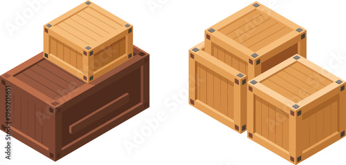 Stacked wooden crates in different sizes representing packaging storage shipping logistics cargo transport warehouse organization and supply chain concept