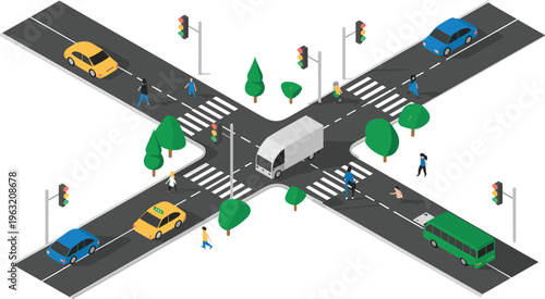 Urban intersection with traffic lights, cars, bus and pedestrians crossing, city transportation system, road safety and mobility illustration concept