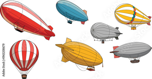 Vintage airships and hot air balloons collection featuring colorful dirigibles and retro flying balloons illustrating classic aviation transport adventure