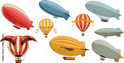 Vintage airships and hot air balloons collection, retro aviation transport set, classic flying vehicles, steampunk style illustration design concept