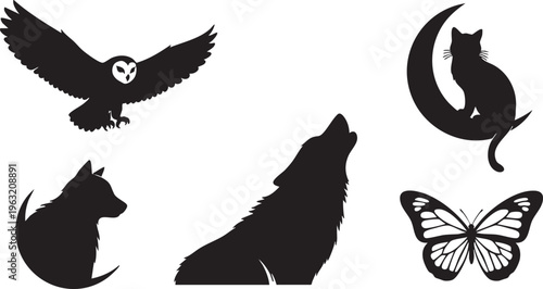 Collection of Nocturnal Animals and Nature Silhouettes – Owl, Wolf, Cat, and Butterfly