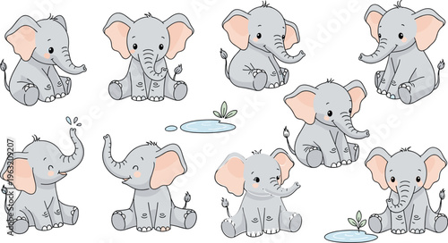 Cute baby elephant cartoon set with playful poses adorable safari animal character illustration collection