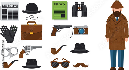 Detective Character and Accessories Vector Set Featuring Vintage Investigator Outfit, Hat, Pipe, Camera, and Crime Investigation Elements for Mystery and Noir Design