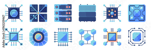 Quantum bit and circuit board processor icons – Perfect for science education, server architecture, or future tech blogs.