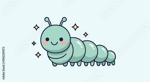 Cute cartoon green caterpillar smiling face.