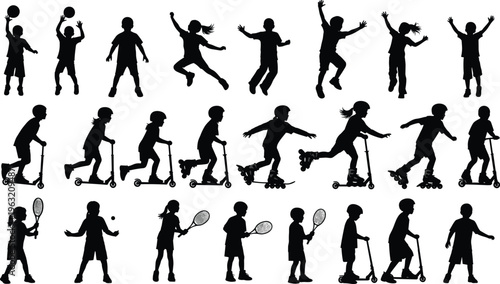 Silhouette of children playing outdoor sports including kids on scooters, rollerblades, tennis rackets, and jumping in active summer recreational activities. (20 words)