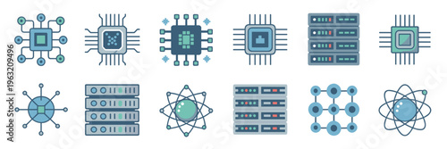 Quantum computing processor and supercomputing icons – Ideal for tech research, high-performance computing, or AI hardware.