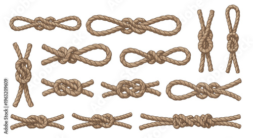 Various knots on a rope closeup.