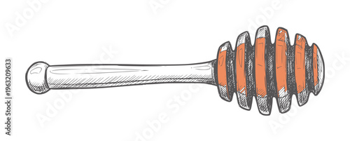 Hand drawn coral orange honey dipper with grey lines tool kitchen utensil