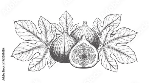 Hand drawn figs and leaves in vintage engraving style fruit leaf food