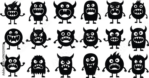 Spooky halloween monster silhouettes collection featuring cute little monsters with horns and sharp teeth for cartoon icons and flavector logo designs.