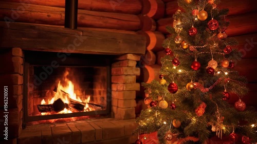 A cozy rustic room with a crackling fireplace and a beautifully decorated Christmas tree, creating a warm festive atmosphere.