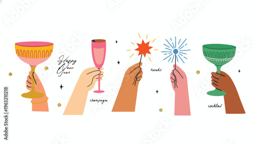New Year celebration vector set with hands holding champagne glasses and sparklers, festive party elements for holiday invitations and social media