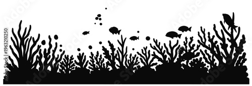 underwater coral reef silhouette with fish sea plants and bubbles marine life scene. Ocean Coral Reef Border with Fish Black Underwater Scene.