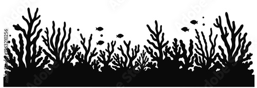 underwater coral reef silhouette border with small fish sea plants and minimal marine scene