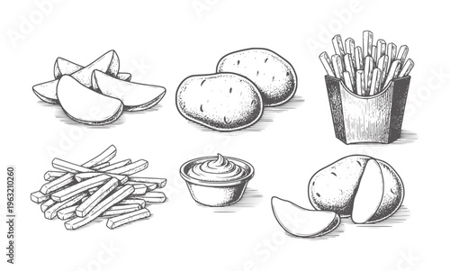 Hand drawn potato wedges french fries and dipping sauce potatoes