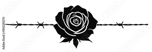 Rose with Barbed Wire Silhouette Gothic Floral Illustration. black rose silhouette centered with horizontal barbed wire line gothic floral tattoo style design.