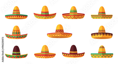 Colorful sombreros in various patterns and colors on white background