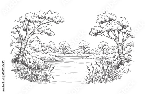 Of a serene lake surrounded by lush trees and reeds water cattails