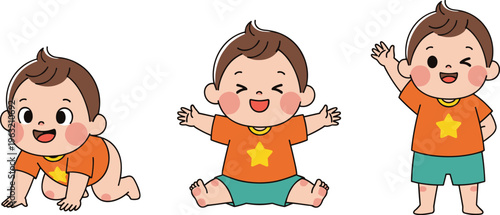 Cute baby boy cartoon set, crawling sitting standing poses, happy toddler character, adorable child illustration, flat vector design for kids