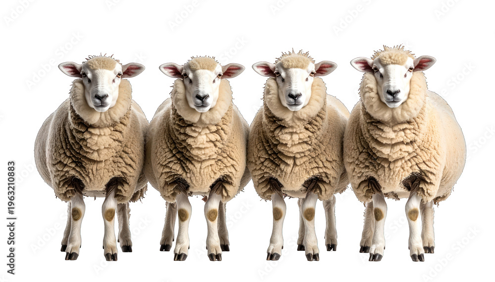 Fototapeta premium A visually striking row of four fluffy sheep, showcasing their thick, natural wool and gentle presence, embodying the essence of farm life and agricultural prosperity