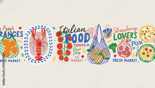 Vintage Italian food vector illustrations, retro fresh market grocery set, hand drawn Mediterranean cuisine elements with lobster and pizza