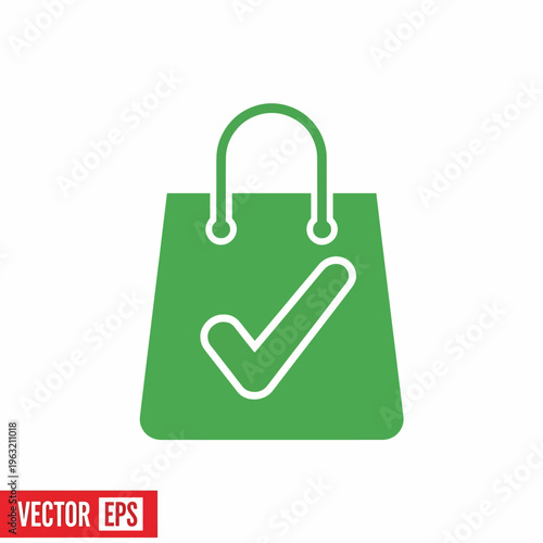 Green shopping bag with checkmark for approved or confirmed purchase