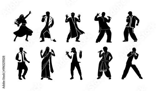 Modern pop star silhouettes performing kpop dance choreography with Korean Indian Bangladesh cultural fusion vector