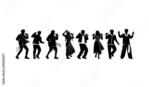 Kpop idol silhouette group dancing and singing on stage with Korean Indian Bangladesh fusion styles flat vector set