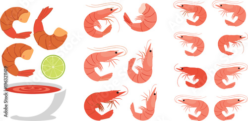 Shrimp and Prawn Collection Vector Set Featuring Fresh Seafood Illustrations with Different Poses, Lemon Slice, and Sauce for Cooking, Menu, and Food Design Projects