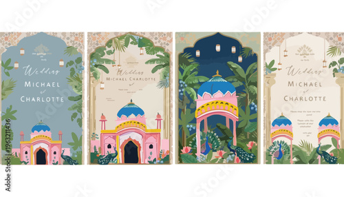 Indian wedding invitation template set with palace architecture, tropical botanical garden with peacocks, elegant floral marriage cards