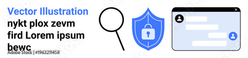 Cybersecurity, online privacy, data protection, secure communication, threat detection, software encryption. Shield with lock, magnifying glass messaging app window. Cybersecurity and online privacy