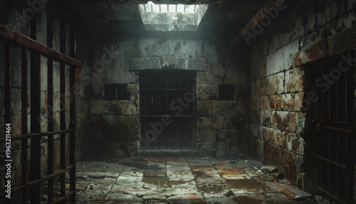 Dark underground prison cell with rusty bars and damp stone floor