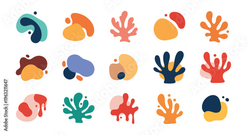Colorful abstract shapes and hand icons in various designs