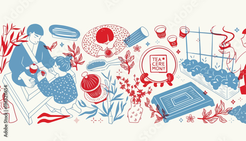 Japanese tea ceremony vector illustration, traditional matcha preparation with people and bamboo, red and blue minimalist line art banner