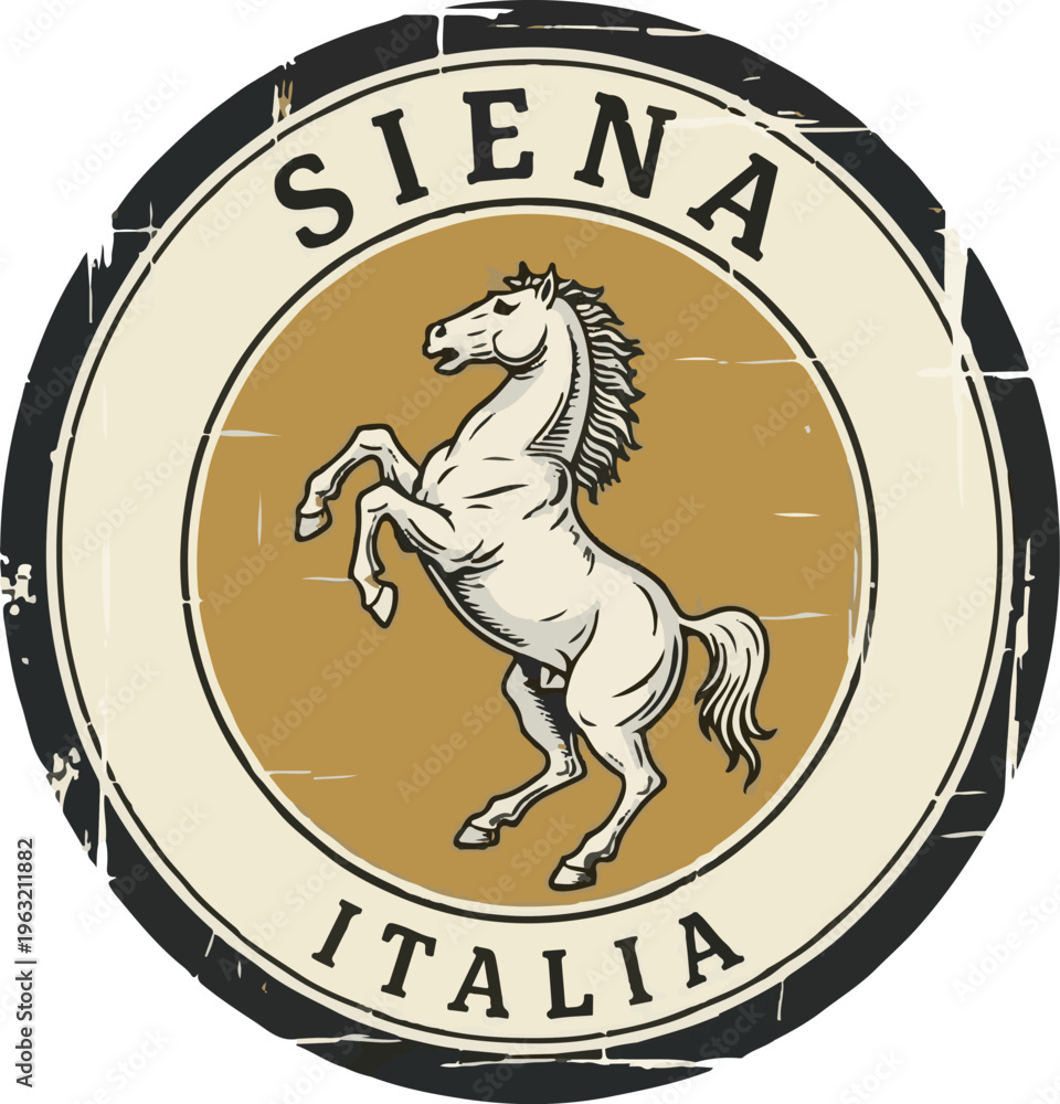 Obraz premium Vintage Siena Italia emblem with rearing horse, distressed circular travel badge, rustic Italian souvenir vector illustration with stallion isolated PNG with Transparent Background