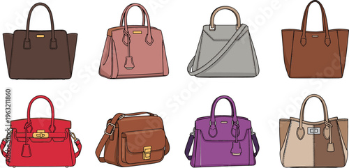 Stylish Handbag Collection Vector Set Featuring Luxury Purses, Tote Bags, and Fashion Accessories in Various Colors for Retail, Boutique, and Lifestyle Design