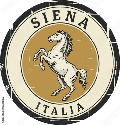 Vintage Siena Italia emblem with rearing horse, distressed circular travel badge, rustic Italian souvenir vector illustration with stallion isolated PNG with Transparent Background