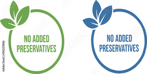 No added preservatives label set with green and blue leaf icons, organic food packaging badges, natural product quality stamps for marketing isolated PNG with Transparent Background