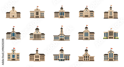 Collection of various building facades with domed rooftops and columns