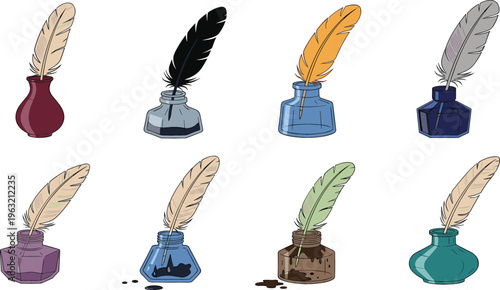 Vintage Ink Bottle and Feather Quill Pen Collection Vector Set Featuring Classic Writing Tools for Calligraphy, Literature, and Retro Stationery Design Projects