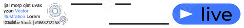 Digital streaming, media interfaces, technology icons, live broadcasting, video interaction, online platforms. Gear graphics with live play button and placeholder text. Digital streaming and media