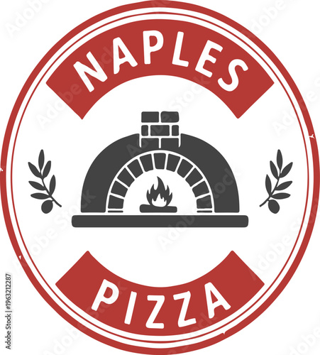 Vintage Naples Pizza logo with wood fired brick oven, rustic Italian pizzeria emblem, red and black circular restaurant stamp vector isolated PNG with Transparent Background