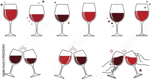 Wine Glass Collection Vector Set Featuring Red Wine Pouring, Tasting, and Clinking Glasses for Celebration, Restaurant, Bar, and Beverage Design Projects